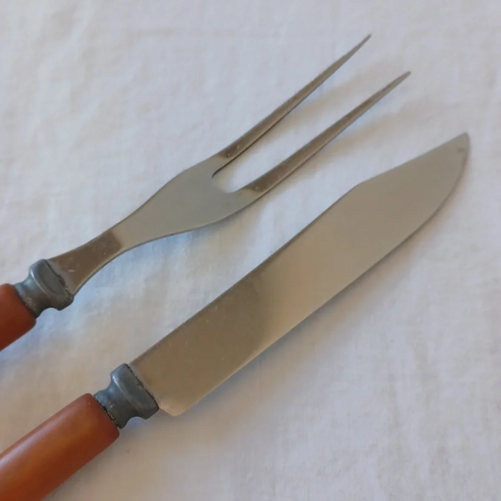 2 PIECE SET Vintage Bakelite Carving Knife & Fork Stainless Steel Butterscotch